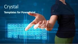  Presentation with virtual keyboard - Cool new theme with young girl pressing virtual type of keyboard backdrop and a ocean colored foreground