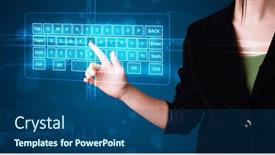  Presentation with virtual keyboard - PPT theme enhanced with young girl pressing virtual type of keyboard background and a ocean colored foreground