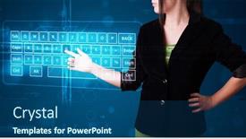  Presentation with virtual keyboard - Theme with young girl pressing virtual type of keyboard background and a ocean colored foreground