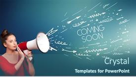  Presentation with coming soon - Amazing PPT layouts having young-girl-screaming-to-megaphone backdrop and a ocean colored foreground