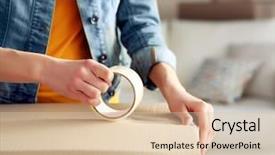  Presentation with tape - PPT layouts with young girl sealing with tape background and a lemonade colored foreground