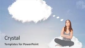  Presentation with pretty girl - Cool new slide set with young girl sitting on cloud backdrop and a light gray colored foreground