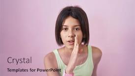  Presentation with talk - Slide set having young-girl-standing-over-pink background and a soft green colored foreground