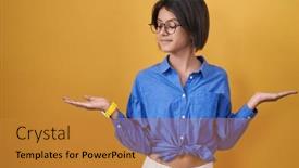  Presentation with comparison - Slide deck featuring young-girl-standing-over-yellow background and a gold colored foreground