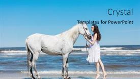  Presentation with horse head - Cool new slide deck with young girl standing on the beach touching white horse's head creating a bond with animal backdrop and a teal colored foreground