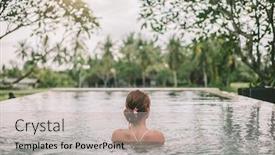  Presentation with infinity - Audience pleasing presentation consisting of young girl swimming in infinity pool with a view on rice terrace travelling to ubud bali backdrop and a light gray colored foreground