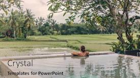  Presentation with infinity - Beautiful presentation featuring young girl swimming in infinity pool with a view on rice terrace travelling to ubud bali backdrop and a coral colored foreground