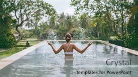  Presentation with infinity - Audience pleasing presentation theme consisting of young girl swimming in infinity pool with in private villa resort travelling to ubud bali backdrop and a light gray colored foreground
