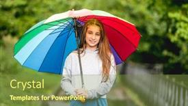  Presentation with under umbrella - Audience pleasing presentation theme consisting of young-girl-under-colorful-umbrella backdrop and a tawny brown colored foreground