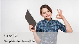  Presentation with cheerful - Slide deck enhanced with young girl using tablet computer background and a light gray colored foreground