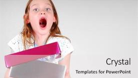  Presentation with factory opening - Audience pleasing slide set consisting of young girl very happy while opening pretty gift box backdrop and a white colored foreground