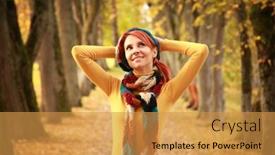  Presentation with autumn - Beautiful PPT layouts featuring young-girl-walking-in-autumn backdrop and a gold colored foreground