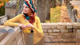  Presentation with autumn - PPT layouts consisting of young-girl-walking-in-autumn background and a coral colored foreground