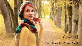  Presentation with autumn - Colorful PPT theme enhanced with young-girl-walking-in-autumn backdrop and a yellow colored foreground