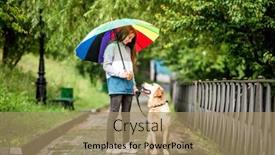  Presentation with rain - Beautiful presentation theme featuring young-girl-walking-under-rain backdrop and a coral colored foreground