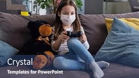  Presentation with computer games - PPT theme enhanced with young-girl-wearing-hygienic-mask background and a ocean colored foreground