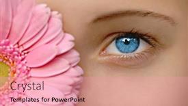  Presentation with blue flower - PPT theme having young girl with blue eyes and flower in front of her head focus on eye background and a coral colored foreground