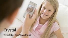  Presentation with camera - Theme featuring young girl with camera phone background and a coral colored foreground