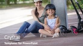  Presentation with mom - Amazing PPT theme having young girl with mom sitting on floor after riding scooters backdrop and a gray colored foreground