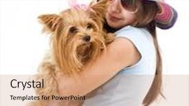  Presentation with hat - Presentation theme enhanced with young girl with sunglasses and hat holding a yorkshire terrier dog background and a coral colored foreground