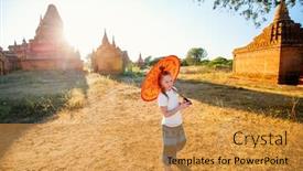  Presentation with ancient temples - Slide set featuring young-girl-with-traditional-burmese background and a gold colored foreground