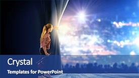  Presentation with curtain opening - PPT theme having young girl with violin on stage opening curtain background and a ocean colored foreground