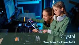  Presentation with radio station - Slide set consisting of young-girls-adjusting-sound background and a ocean colored foreground