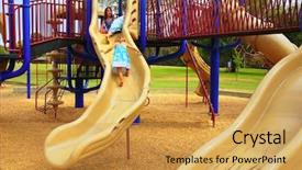  Presentation with group of three young girl - Amazing PPT theme having young girls climbing on slide backdrop and a yellow colored foreground