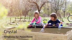  Presentation with urban neighborhood community development - Colorful presentation theme enhanced with young girls gardening in urban backdrop and a coral colored foreground
