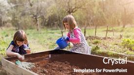 Presentation with urban neighborhood community development - Cool new PPT theme with young girls gardening in urban backdrop and a tawny brown colored foreground