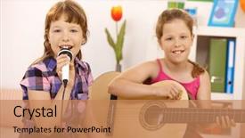  Presentation with music singing - Audience pleasing PPT theme consisting of young girls performing music singing backdrop and a coral colored foreground