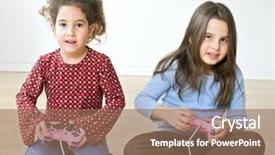  Presentation with hipster girl playing tetris game - Presentation design with young girls playing with playstation background and a coral colored foreground