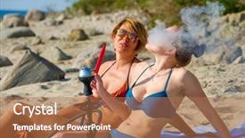  Presentation with hookah - PPT theme having two young girls smoking a hookah on the sandy beach background and a coral colored foreground