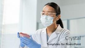  Presentation with raw meat - PPT theme with young-gloved-female-scientific-researcher background and a light blue colored foreground