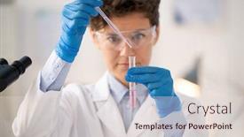  Presentation with pipette - PPT theme consisting of young-gloved-female-scientist background and a lemonade colored foreground