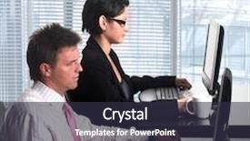  Presentation with computers - Cool new PPT layouts with young good looking and well-dressed office workers are working on similar desktop computers in a modern office backdrop and a tawny brown colored foreground