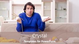  Presentation with knitting - Beautiful presentation design featuring young good looking man knitting at home backdrop and a coral colored foreground