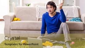  Presentation with knitting - Presentation design featuring young good looking man knitting at home background and a yellow colored foreground