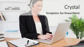  Presentation with good - Audience pleasing PPT layouts consisting of young good looking red-haired female in suit typing on her laptop and using headphones while sitting in an office backdrop and a white colored foreground