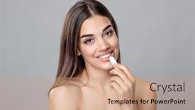  Presentation with lip balm - Slide deck with young-gorgeous-beauty-happy-woman background and a coral colored foreground