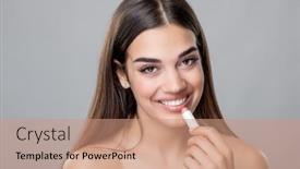  Presentation with lip balm - PPT layouts having young-gorgeous-beauty-happy-woman background and a coral colored foreground