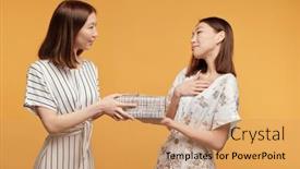  Presentation with sister - PPT theme consisting of young-gorgeous-brunette-woman background and a coral colored foreground