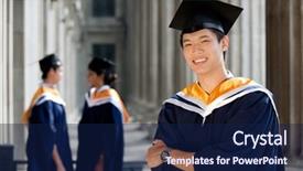  Presentation with chat - Cool new slides with young graduate stands in hallway backdrop and a navy blue colored foreground