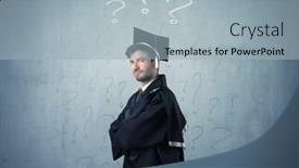  Presentation with question marks - Colorful slide deck enhanced with young graduate teenager with question marks drawn over his head backdrop and a light blue colored foreground