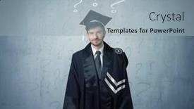  Presentation with question marks - Presentation design featuring young graduate teenager with question marks drawn over his head background and a light blue colored foreground