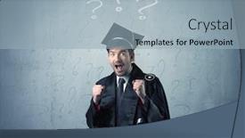  Presentation with question marks - Theme enhanced with young graduate teenager with question marks drawn over his head background and a light blue colored foreground