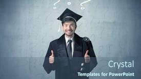  Presentation with question marks - PPT layouts enhanced with young graduate teenager with question marks drawn over his head background and a ocean colored foreground