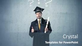  Presentation with question marks - Slide deck featuring young graduate teenager with question marks drawn over his head background and a ocean colored foreground