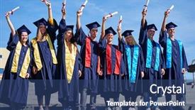  Presentation with university building - Colorful PPT theme enhanced with young graduates students group standing backdrop and a  colored foreground
