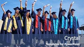  Presentation with university building - Cool new PPT layouts with young graduates students group standing backdrop and a  colored foreground